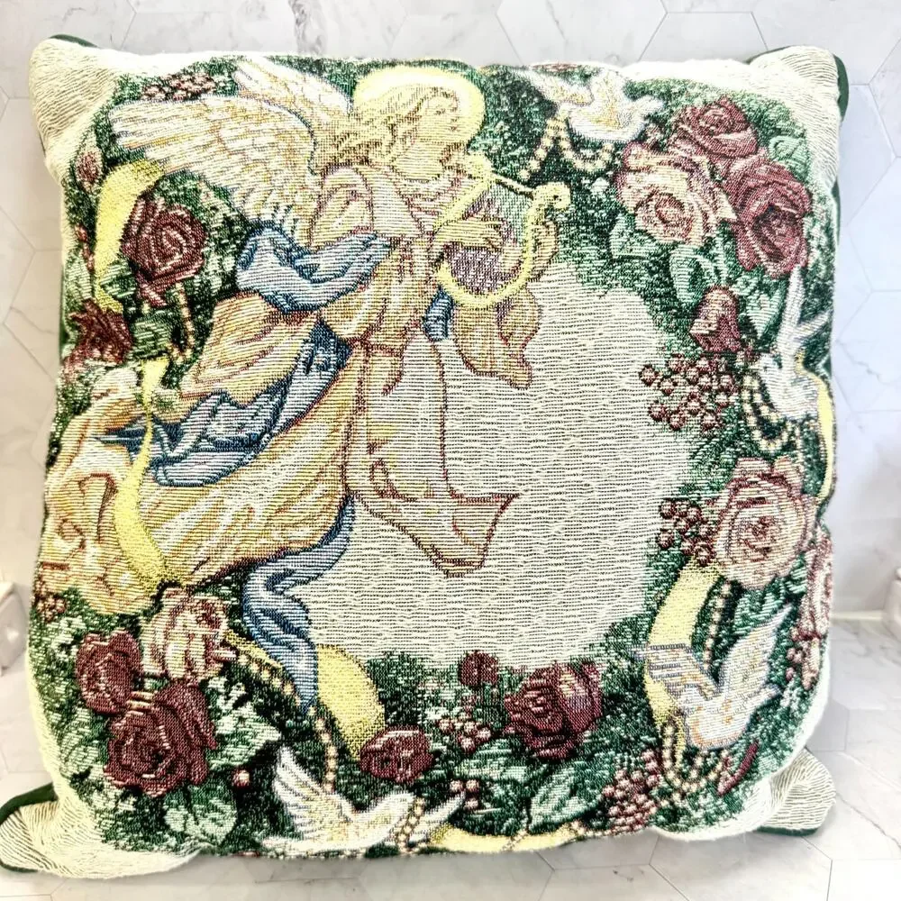 Vintage Christmas Tapestry Decorative Pillow Angel Harp Floral Green 16x16